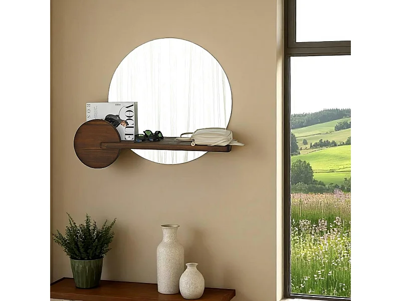 Miroir d'entrée rond avec étagère en bois brun HILO