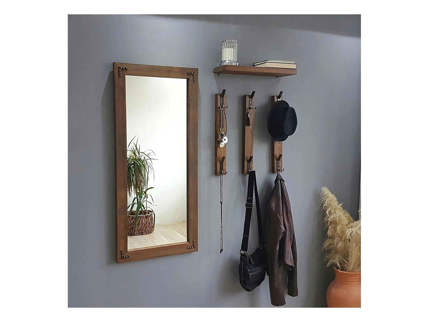 Vestiaire mural - 1 miroir, 3 portemanteaux, 1 étagère HILO