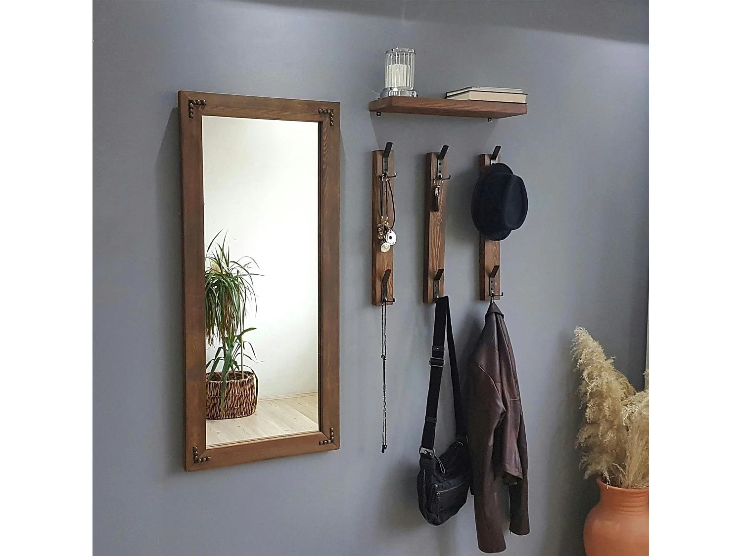 Vestiaire mural - 1 miroir, 3 portemanteaux, 1 étagère HILO