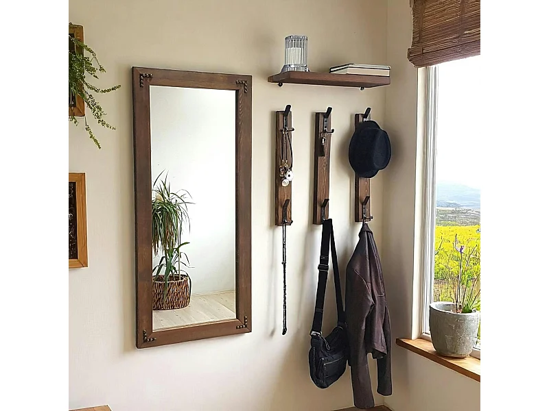 Vestiaire mural - 1 miroir, 3 portemanteaux, 1 étagère HILO