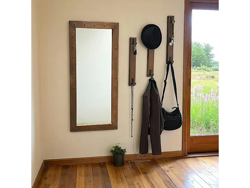 Vestiaire mural avec miroir - 3 portemanteaux en bois HILO