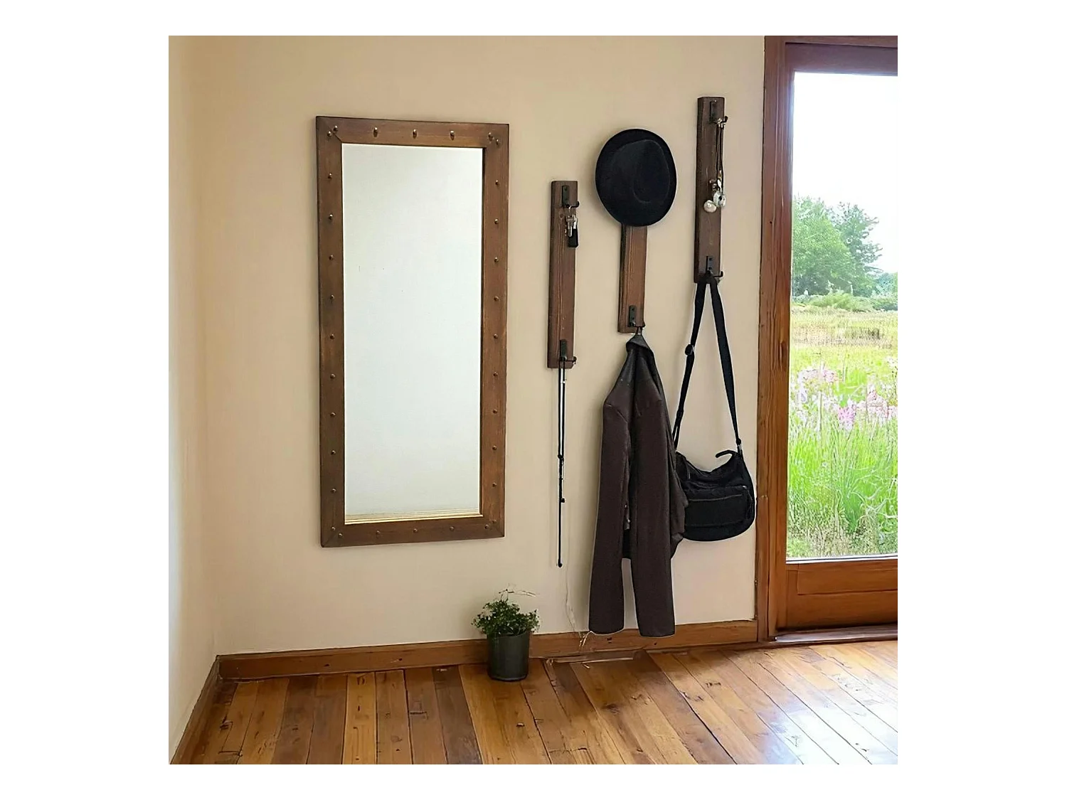 Vestiaire mural avec miroir - 3 portemanteaux en bois HILO