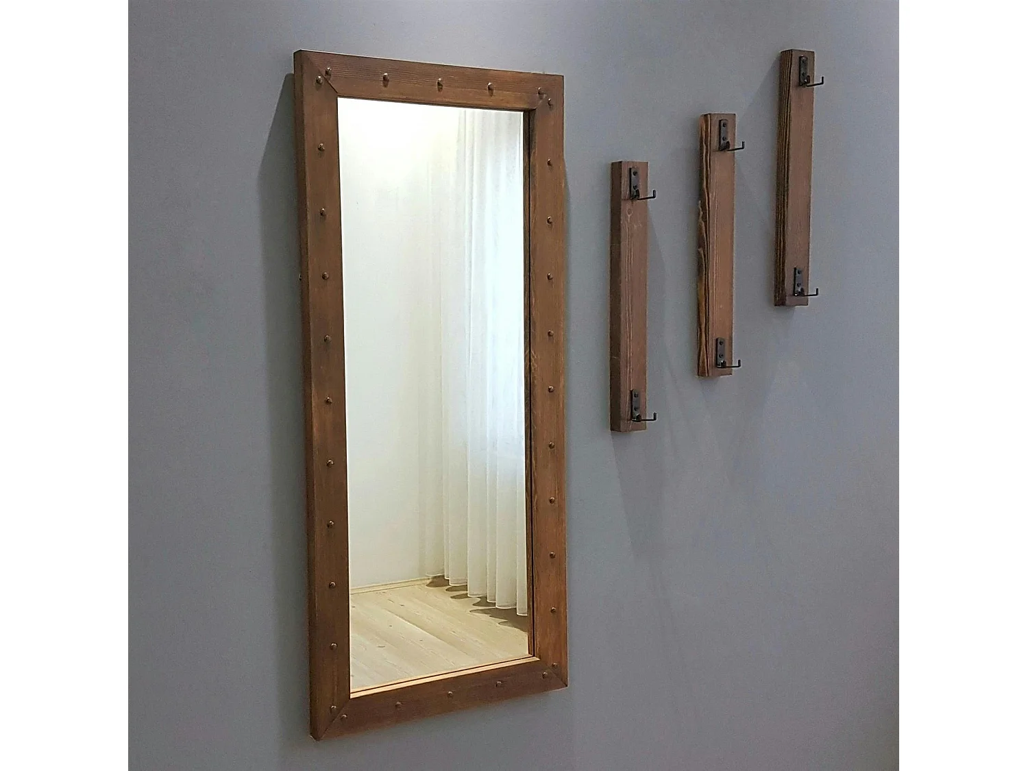 Vestiaire mural avec miroir - 3 portemanteaux en bois HILO