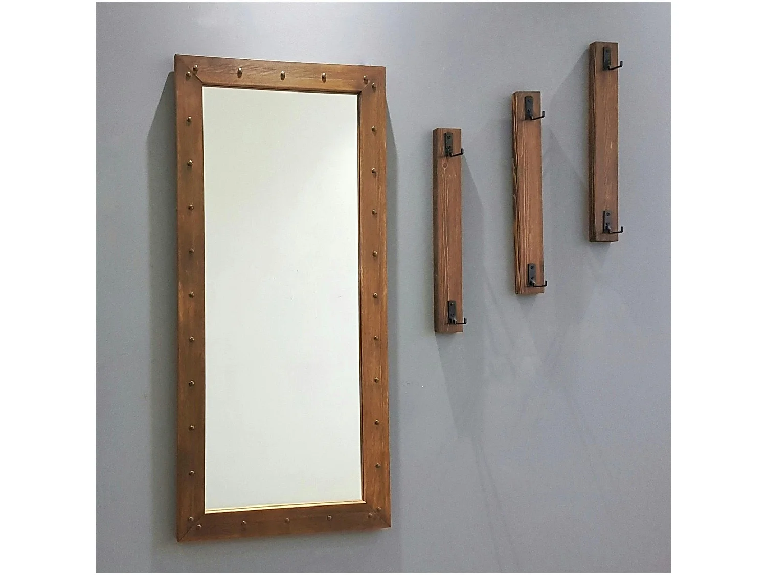 Vestiaire mural avec miroir - 3 portemanteaux en bois HILO