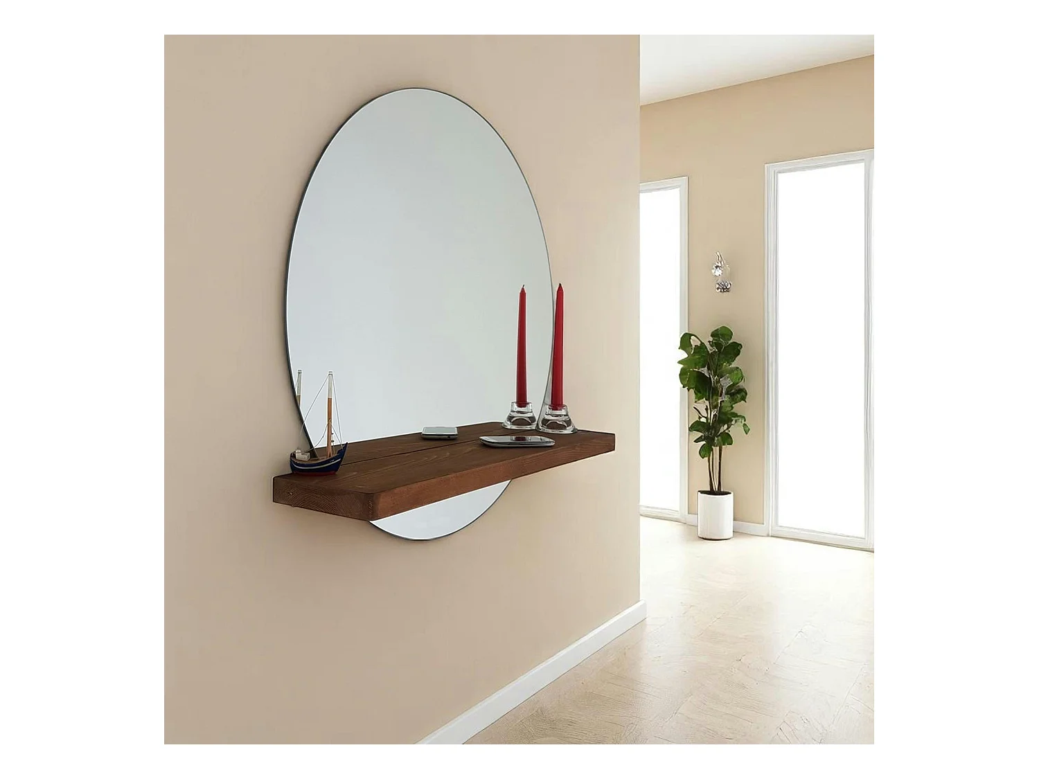 Miroir rond avec étagère en bois brun HILO
