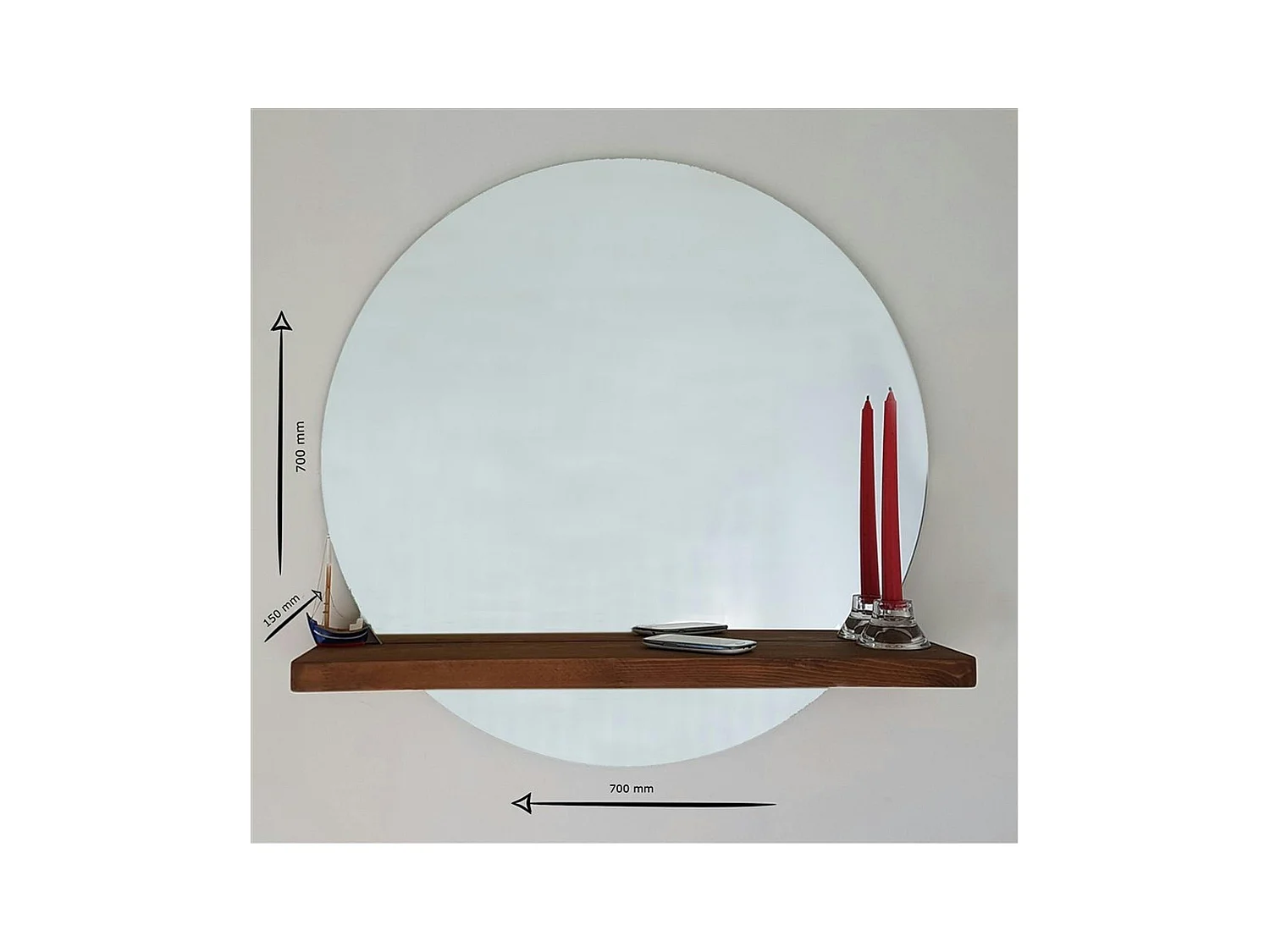 Miroir rond avec étagère en bois brun HILO