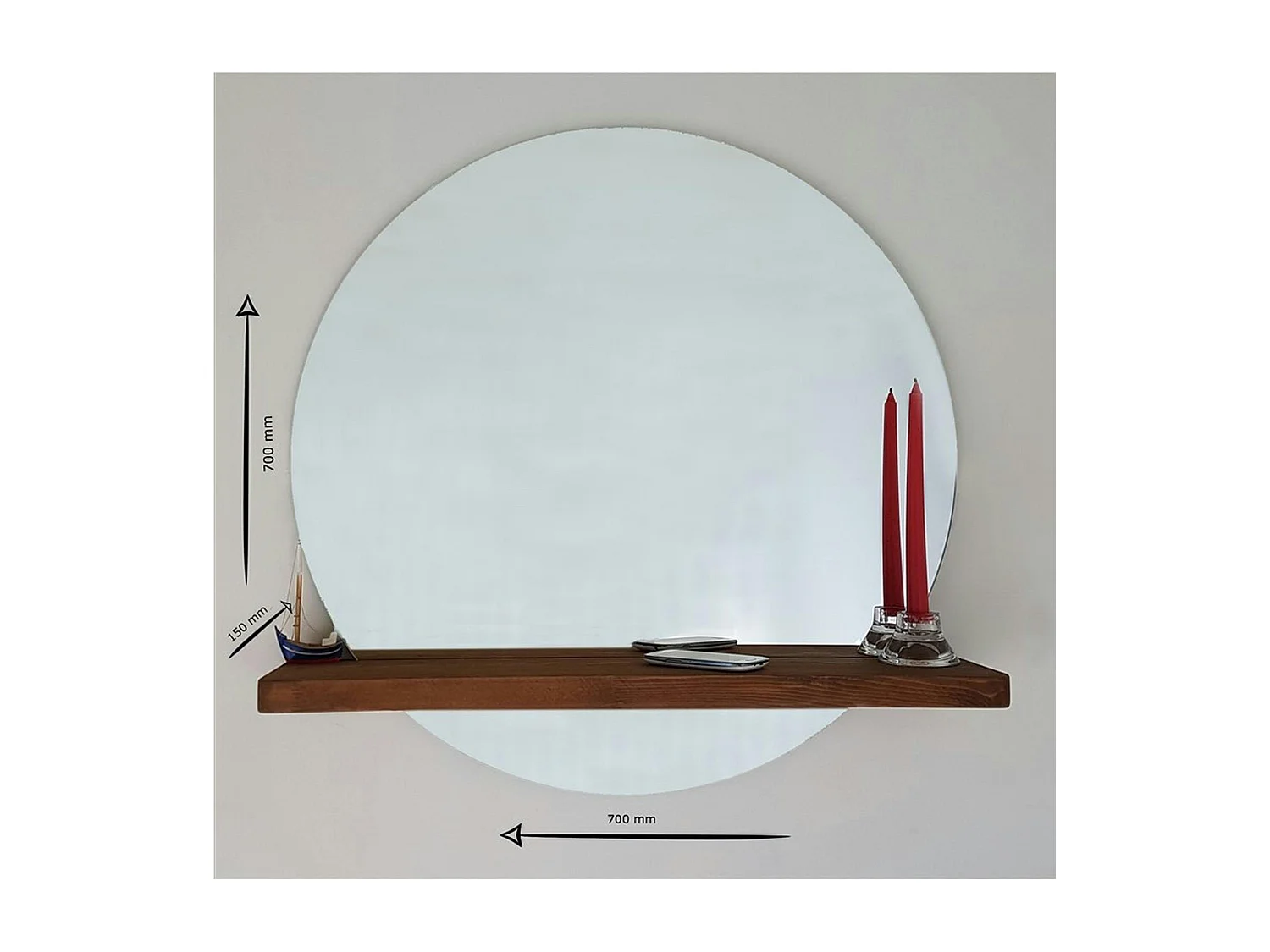 Miroir rond avec étagère en bois brun HILO