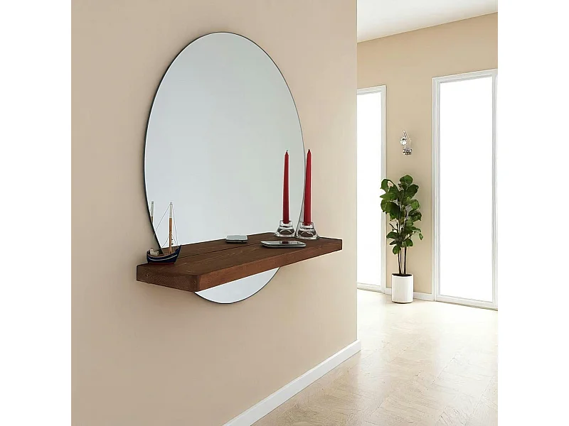 Miroir rond avec étagère en bois brun HILO