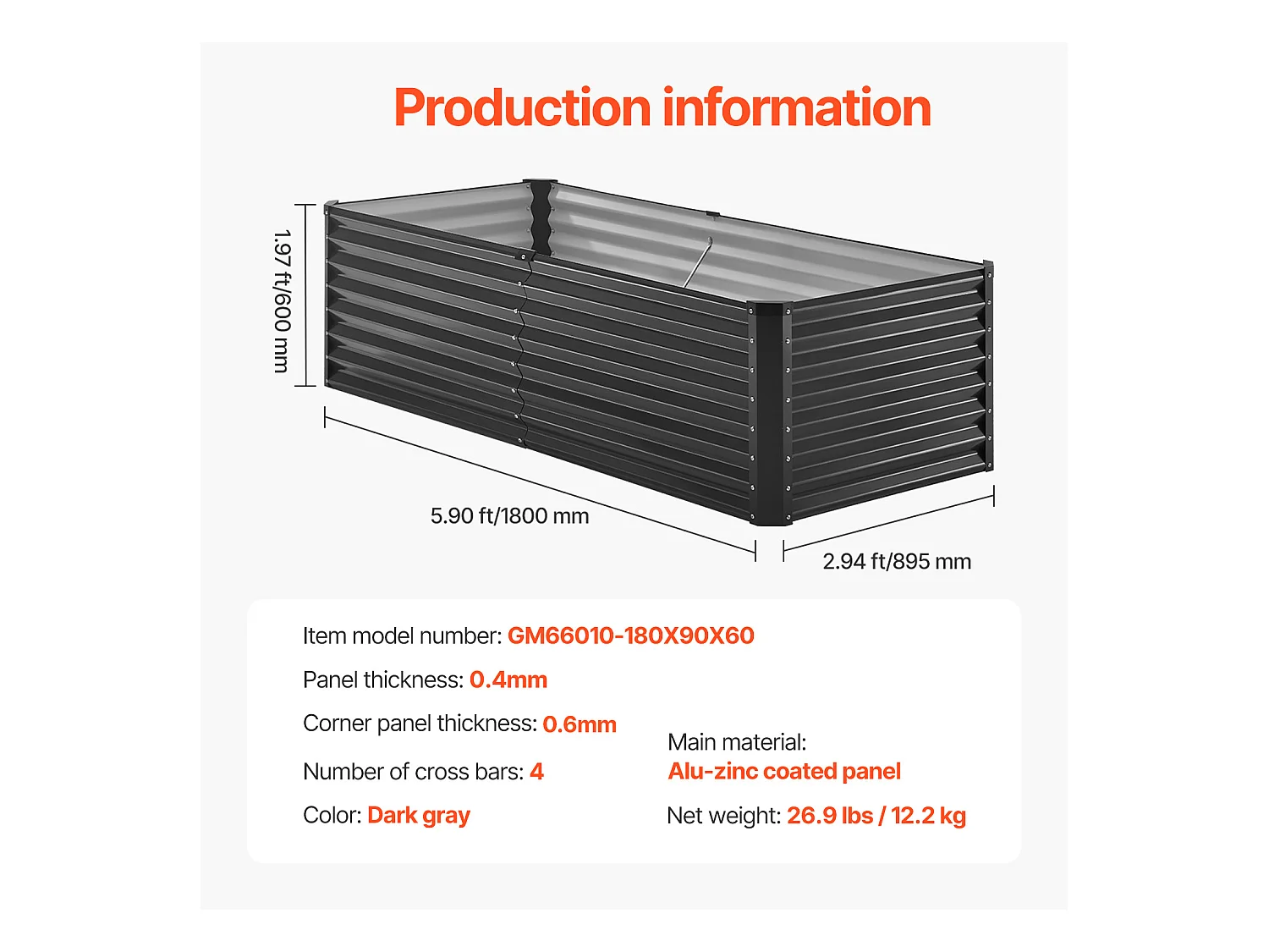 Jardinière Surélevée en Métal SucceBuy 182.88 x 91.44 x 60.96cm Jardinière d'Extérieur Galvanisée Gris Foncé