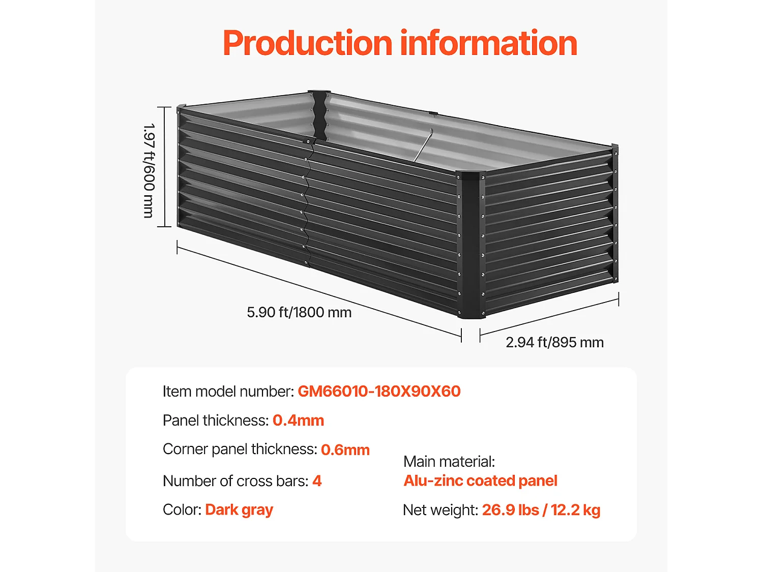 Jardinière Surélevée en Métal SucceBuy 182.88 x 91.44 x 60.96cm Jardinière d'Extérieur Galvanisée Gris Foncé