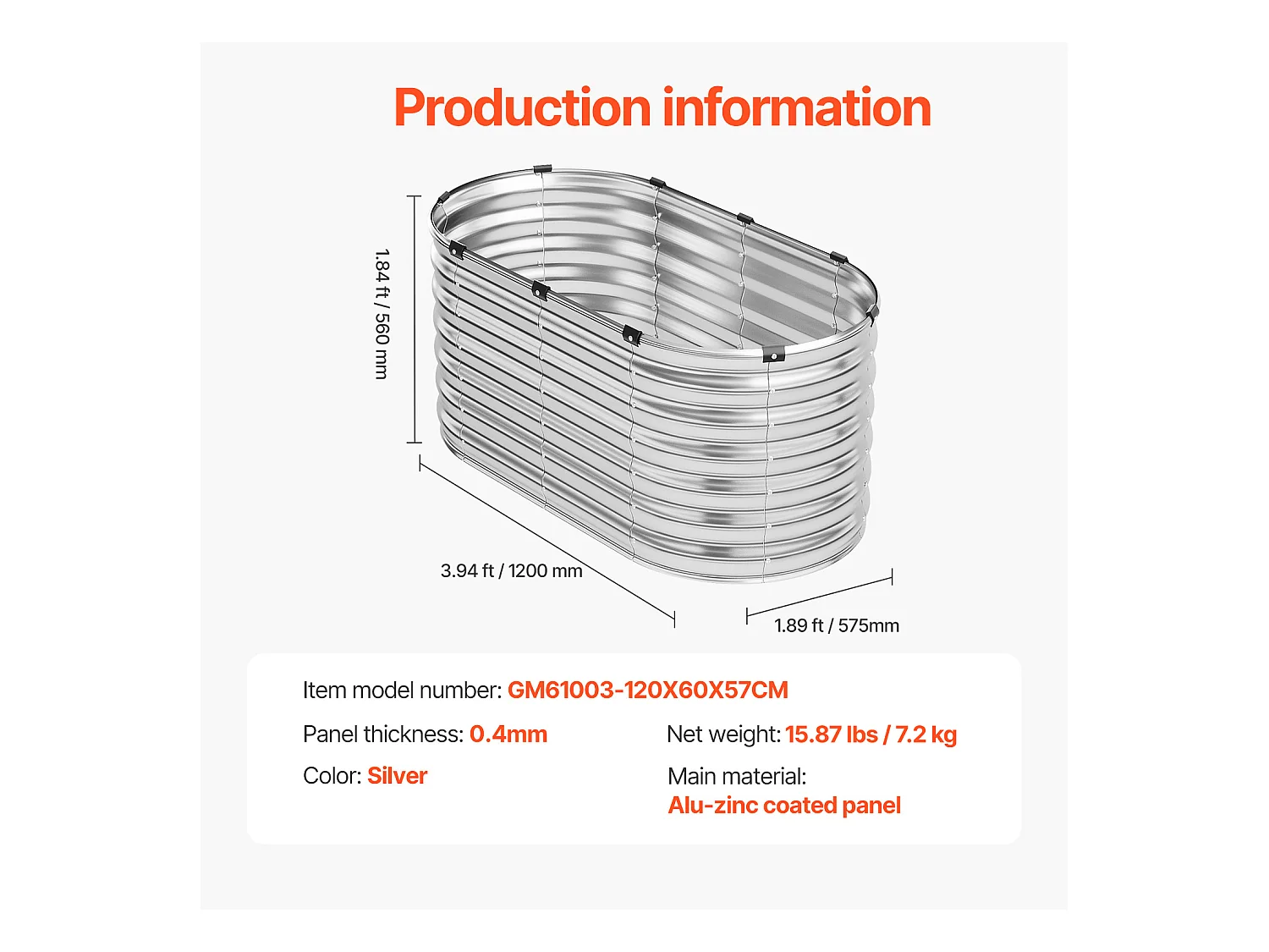 Jardinière Surélevée en Métal SucceBuy 121.92 x 60.96 x 60.96cm Galvanisée pour Extérieur Argent