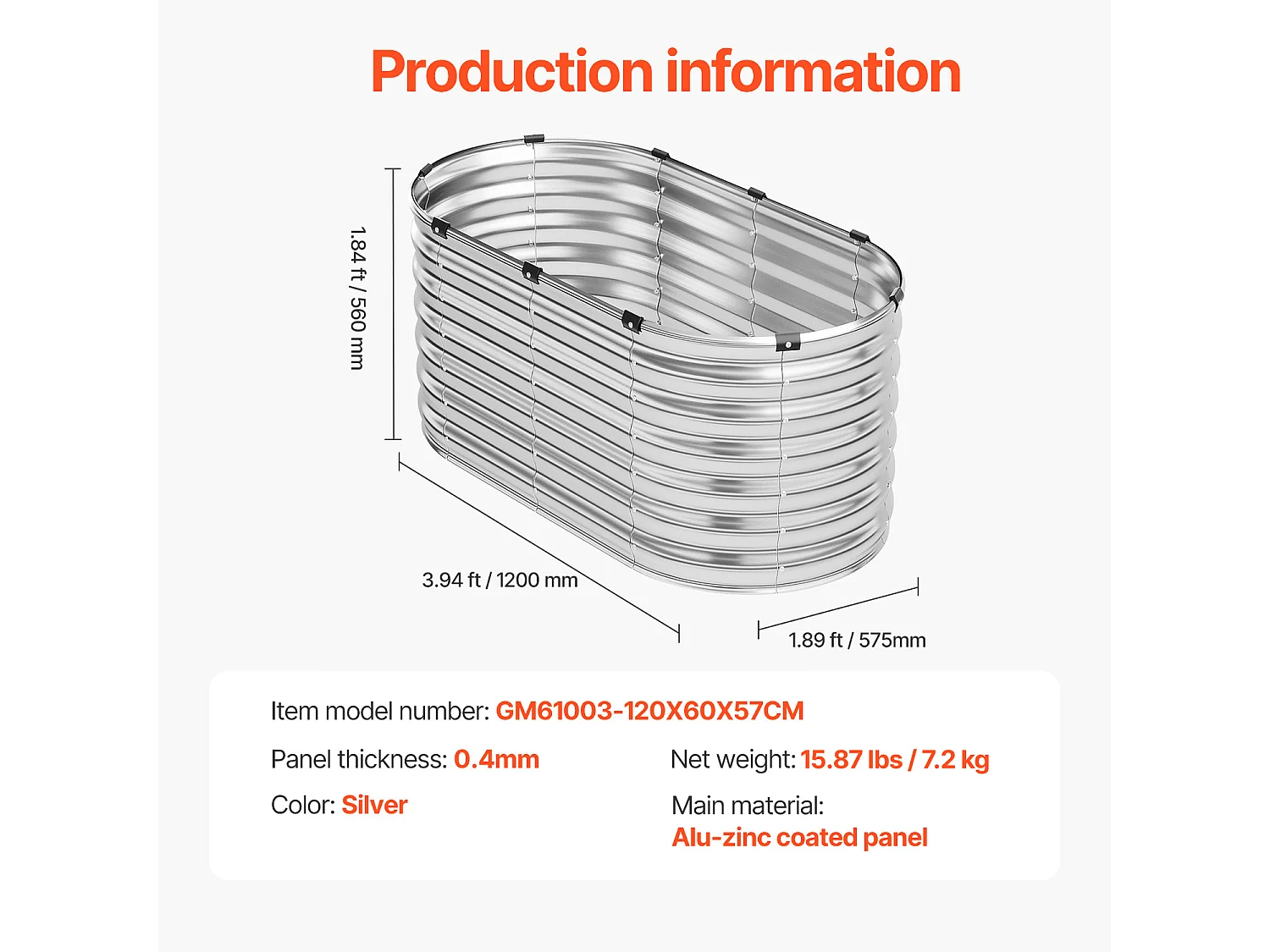 Jardinière Surélevée en Métal SucceBuy 121.92 x 60.96 x 60.96cm Galvanisée pour Extérieur Argent