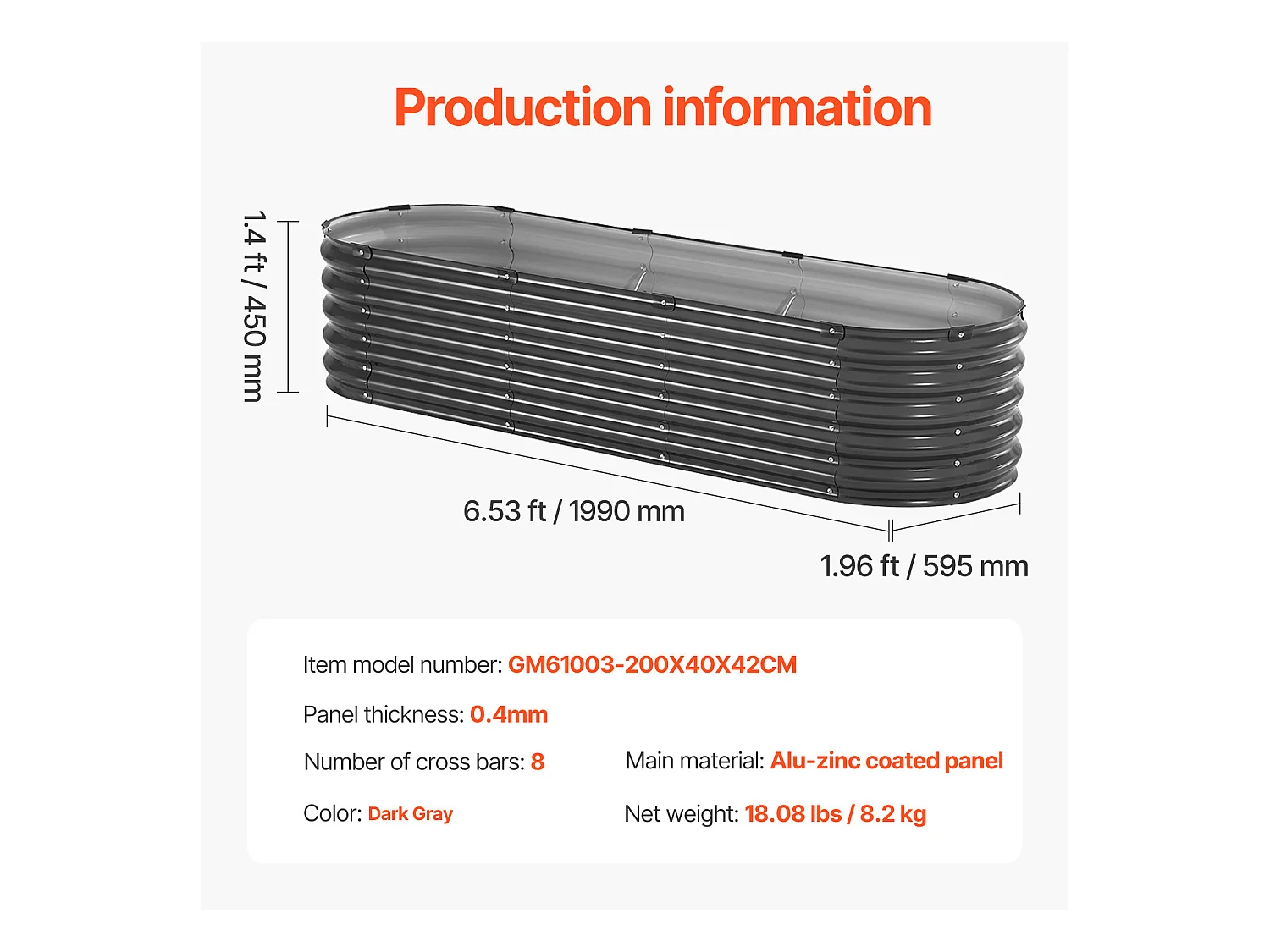 Jardinière Surélevée en Métal SucceBuy 199.95 x 59.74 x 42.67 cm, Jardinière Galvanisée en Gris Foncé