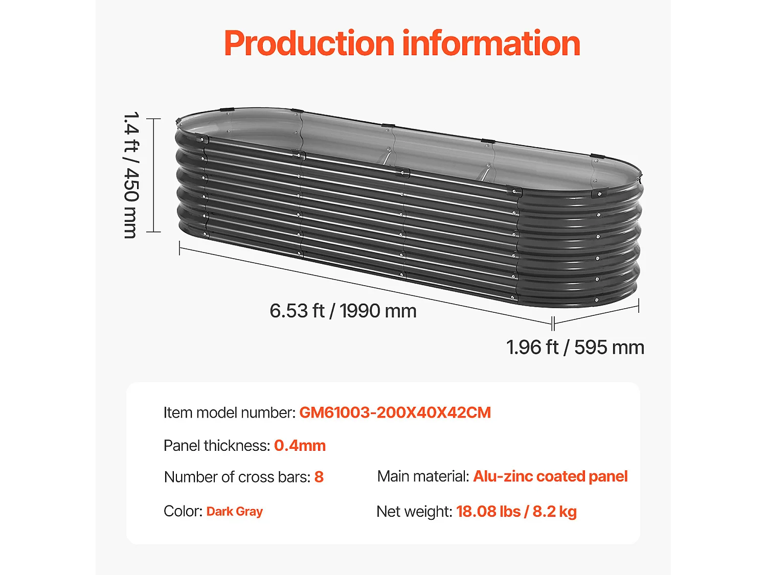 Jardinière Surélevée en Métal SucceBuy 199.95 x 59.74 x 42.67 cm, Jardinière Galvanisée en Gris Foncé