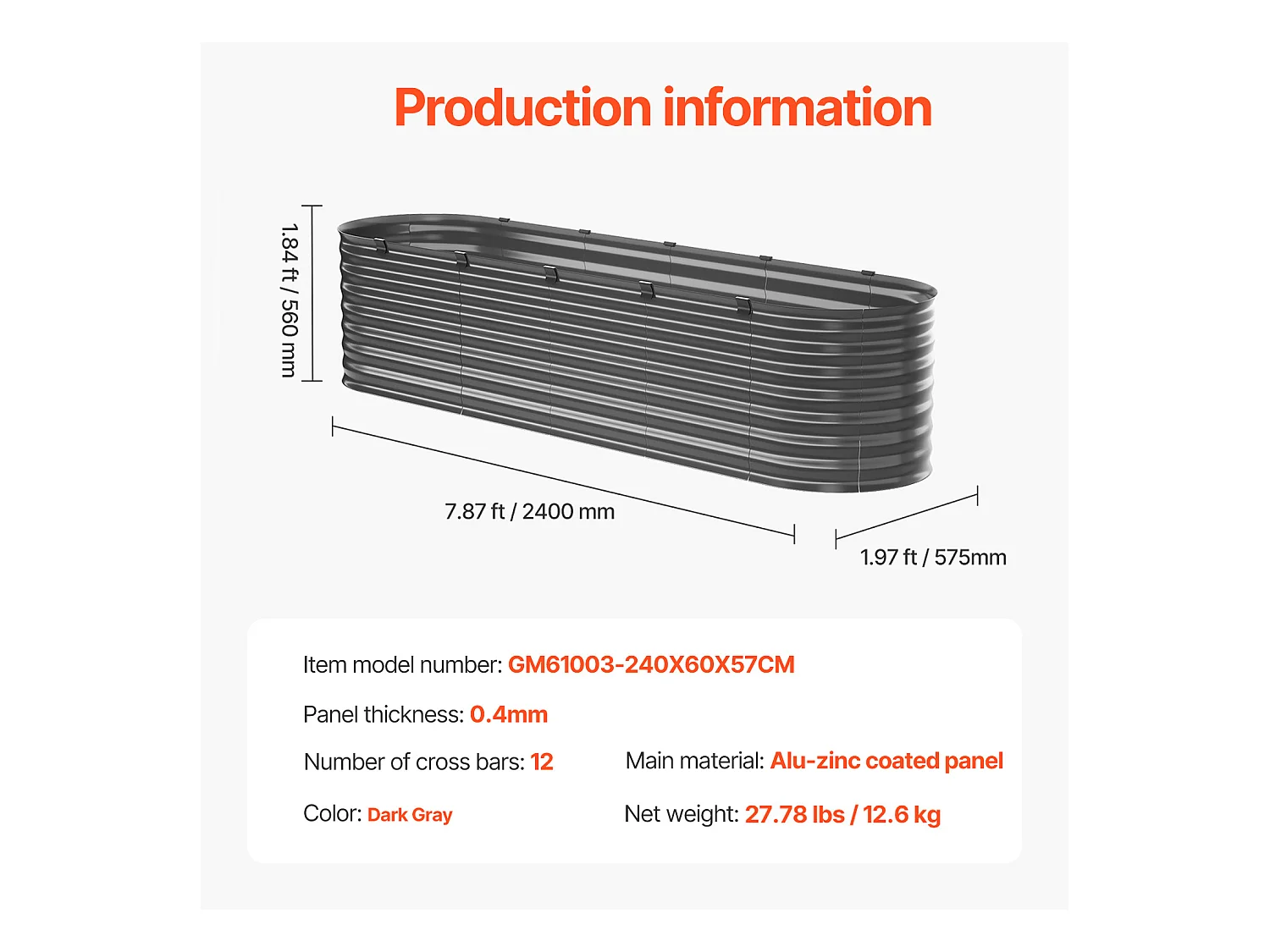 Metall Hochbeet SucceBuy 243,84 x 60,96 x 60,96 cm Verzinktes Dunkelgraues Hochbeet