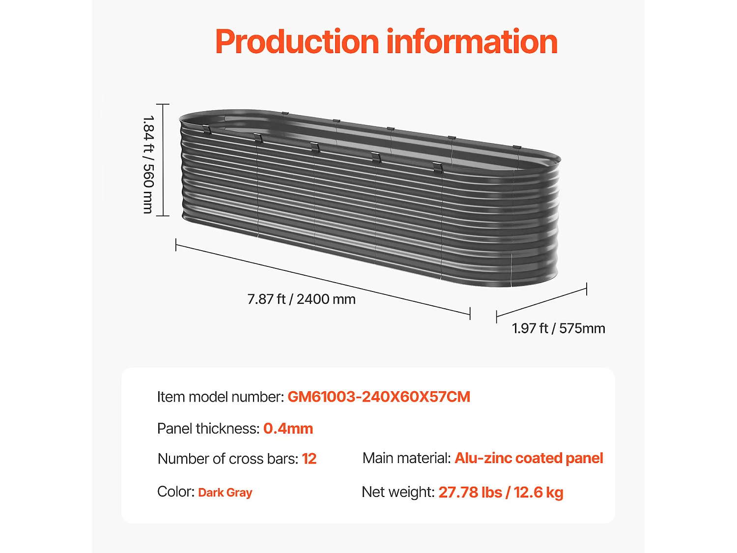 Verhoogde Metalen Plantenbak SucceBuy 243,84 x 60,96 x 60,96 cm Gegalvaniseerde Donkergrijze