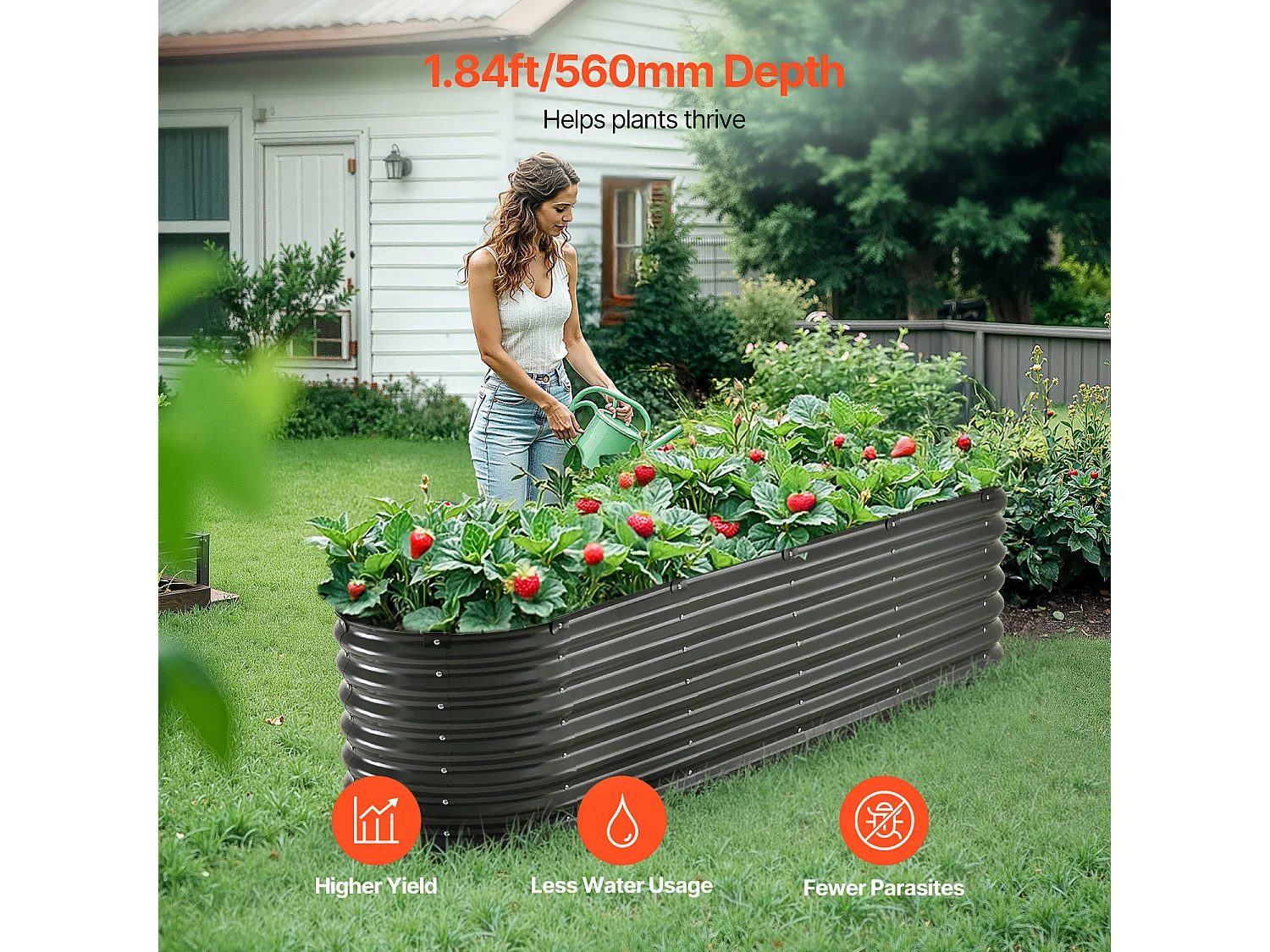 Verhoogde Metalen Plantenbak SucceBuy 243,84 x 60,96 x 60,96 cm Gegalvaniseerde Donkergrijze