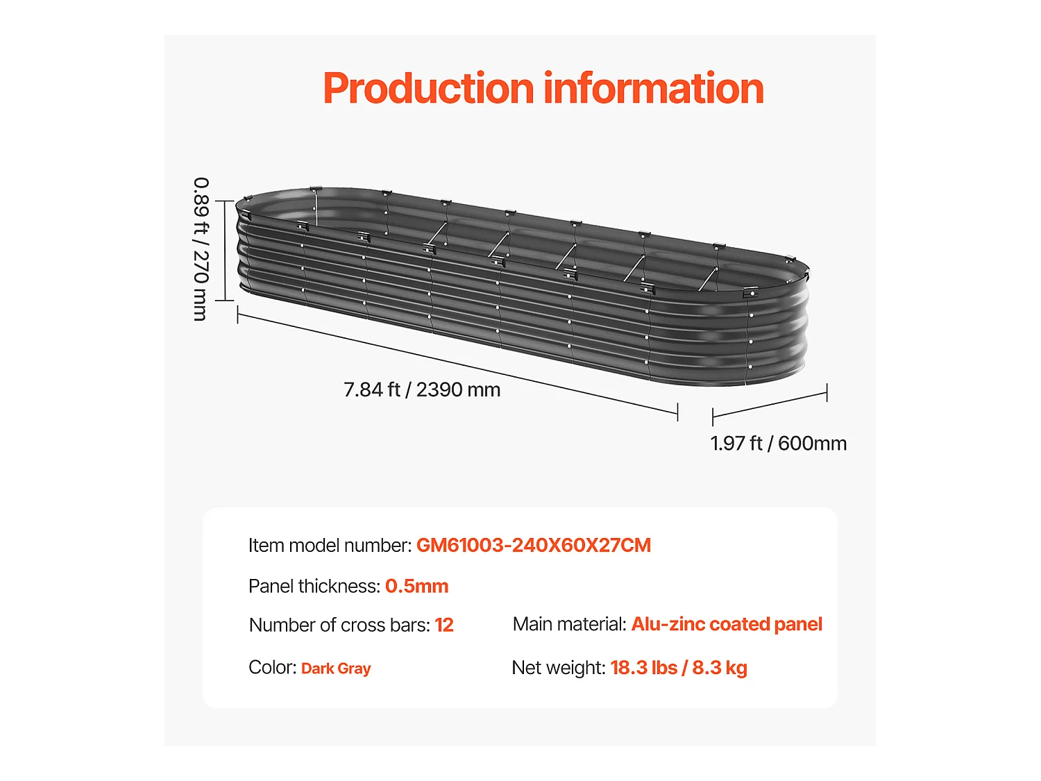 Jardinière Surélevée en Métal SucceBuy 243.84 x 60.96 x 30.48cm Galvanisée Gris Foncé