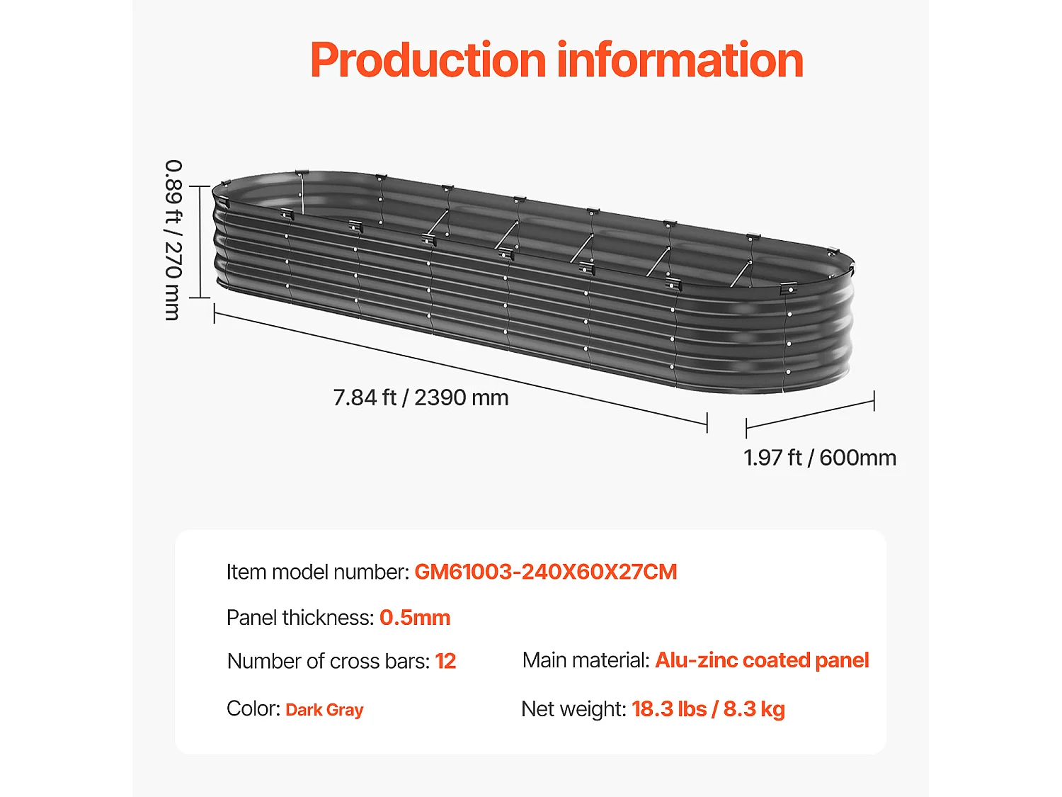 Jardinière Surélevée en Métal SucceBuy 243.84 x 60.96 x 30.48cm Galvanisée Gris Foncé