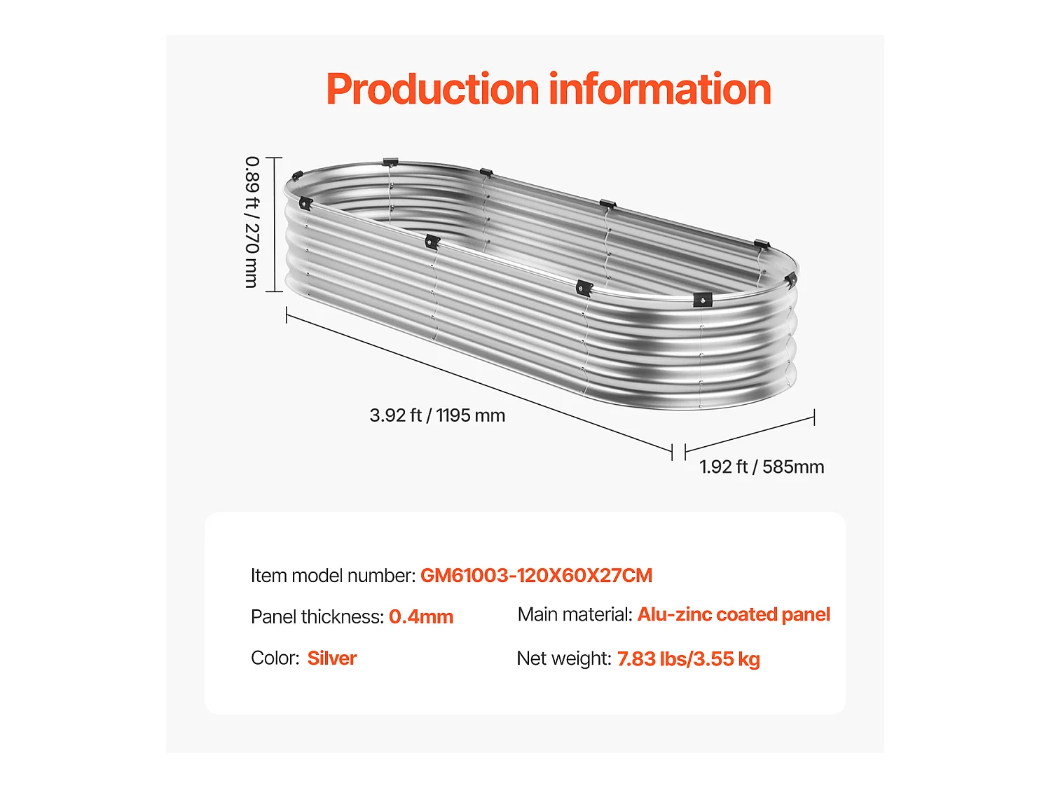 Jardinière Surélevée en Métal SucceBuy Lit de Jardin Surélevé 121.92 x 60.96 x 30.48 cm, Jardinière d'Extérieur Galvanisée en Argent