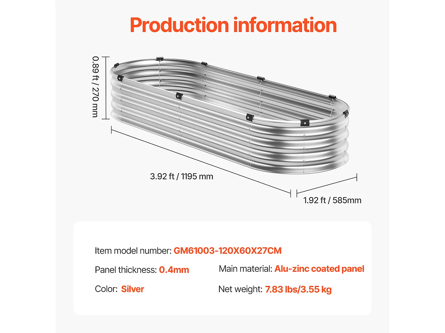 Jardinière Surélevée en Métal SucceBuy Lit de Jardin Surélevé 121.92 x 60.96 x 30.48 cm, Jardinière d'Extérieur Galvanisée en Argent
