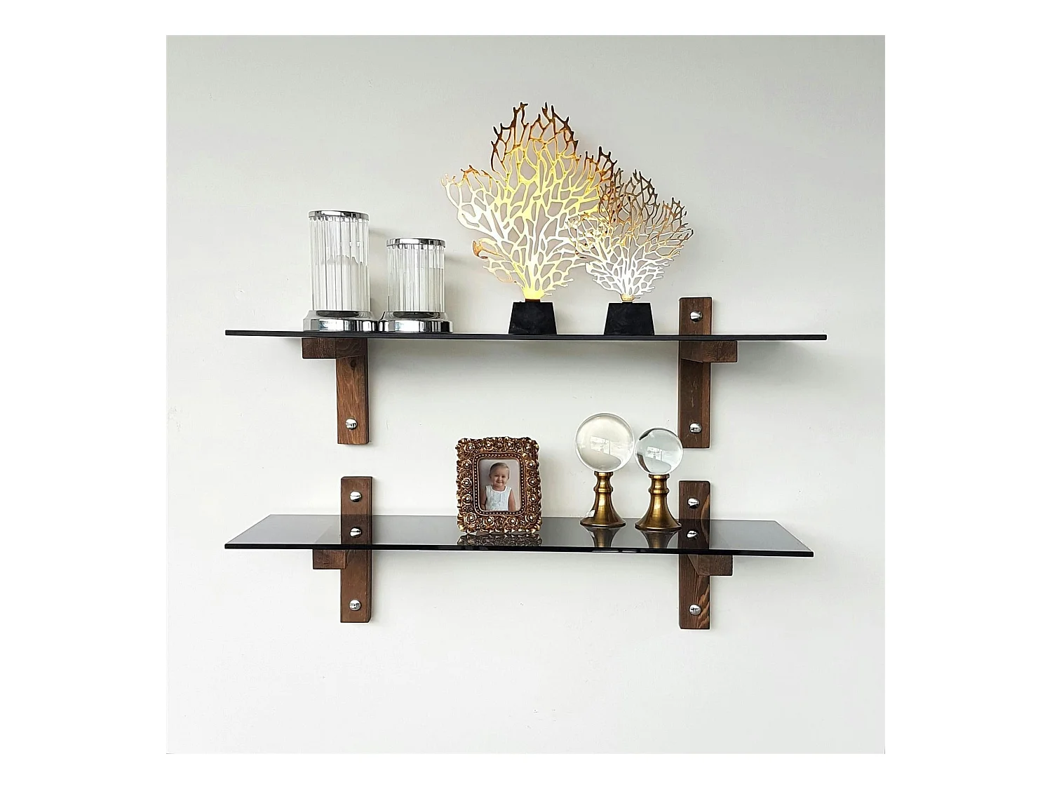 Étagère murale en verre fumé - supports bois foncé (lot de 2) LHASA