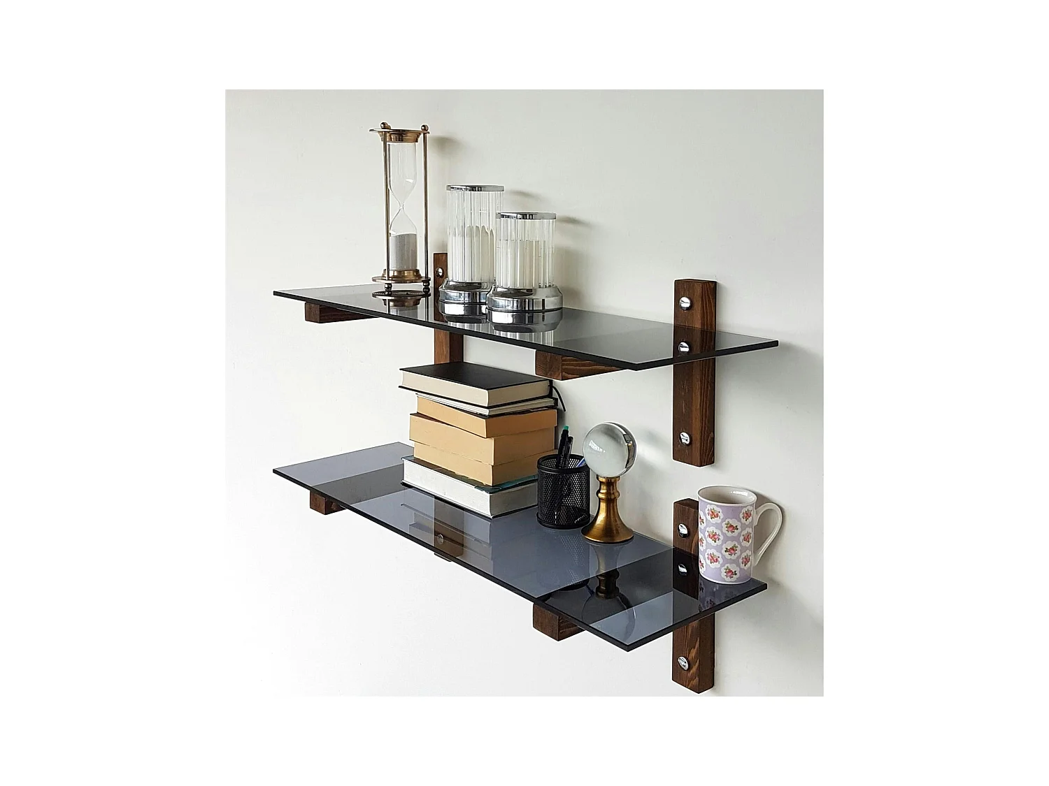 Étagère murale en verre fumé - supports bois foncé (lot de 2) LHASA