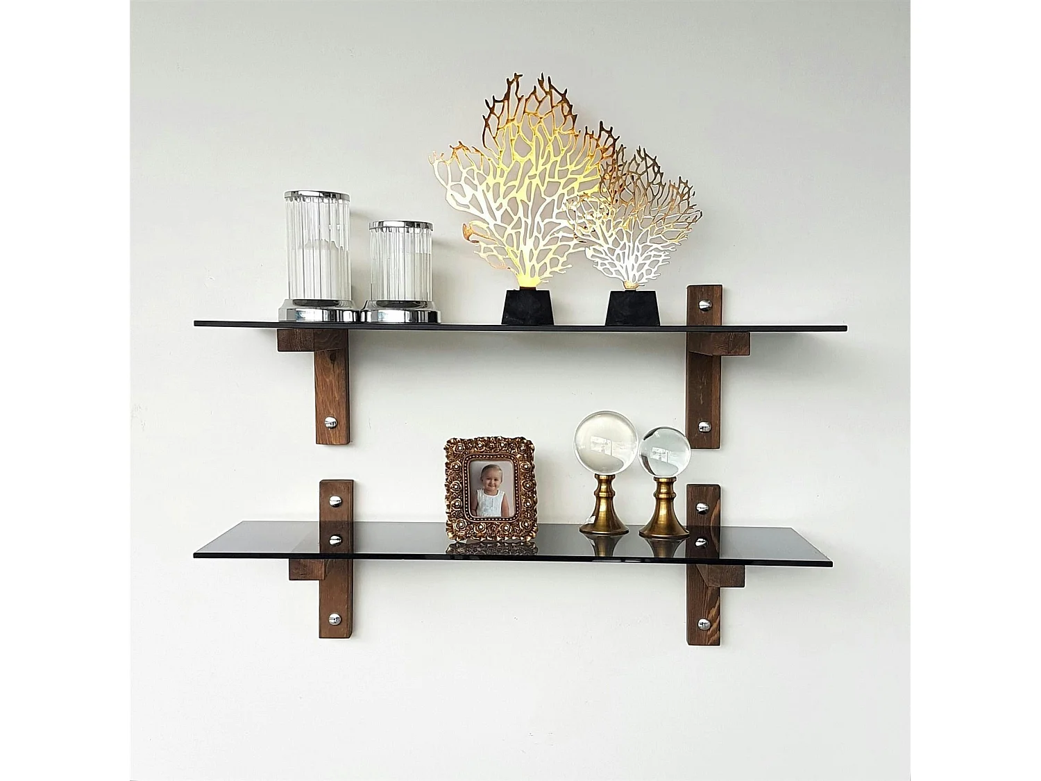 Étagère murale en verre fumé - supports bois foncé (lot de 2) LHASA