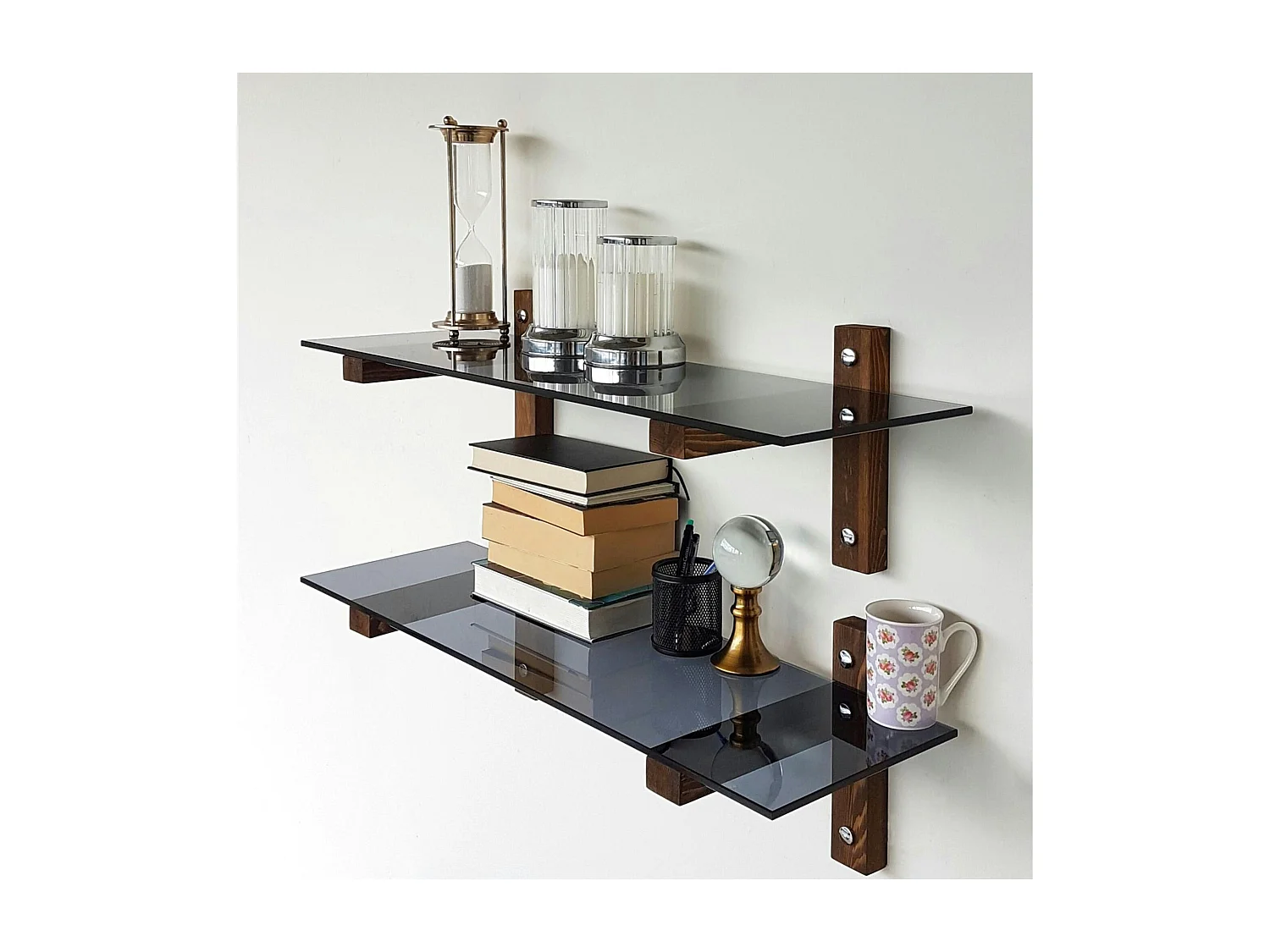 Étagère murale en verre fumé - supports bois foncé (lot de 2) LHASA