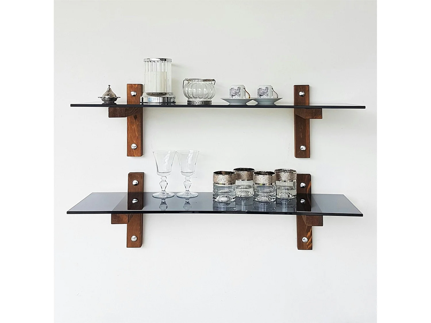 Étagère murale en verre fumé - supports bois foncé (lot de 2) LHASA