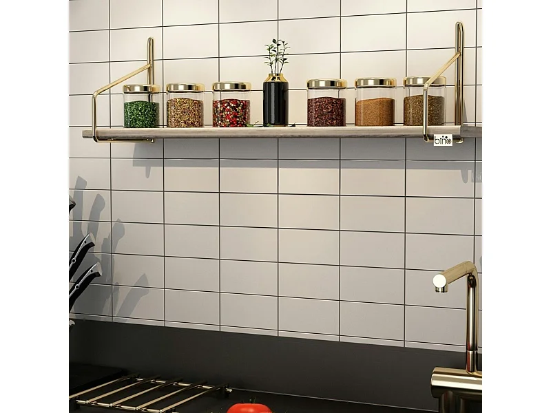 Étagère murale cuisine - bois clair, supports dorés AVIALA