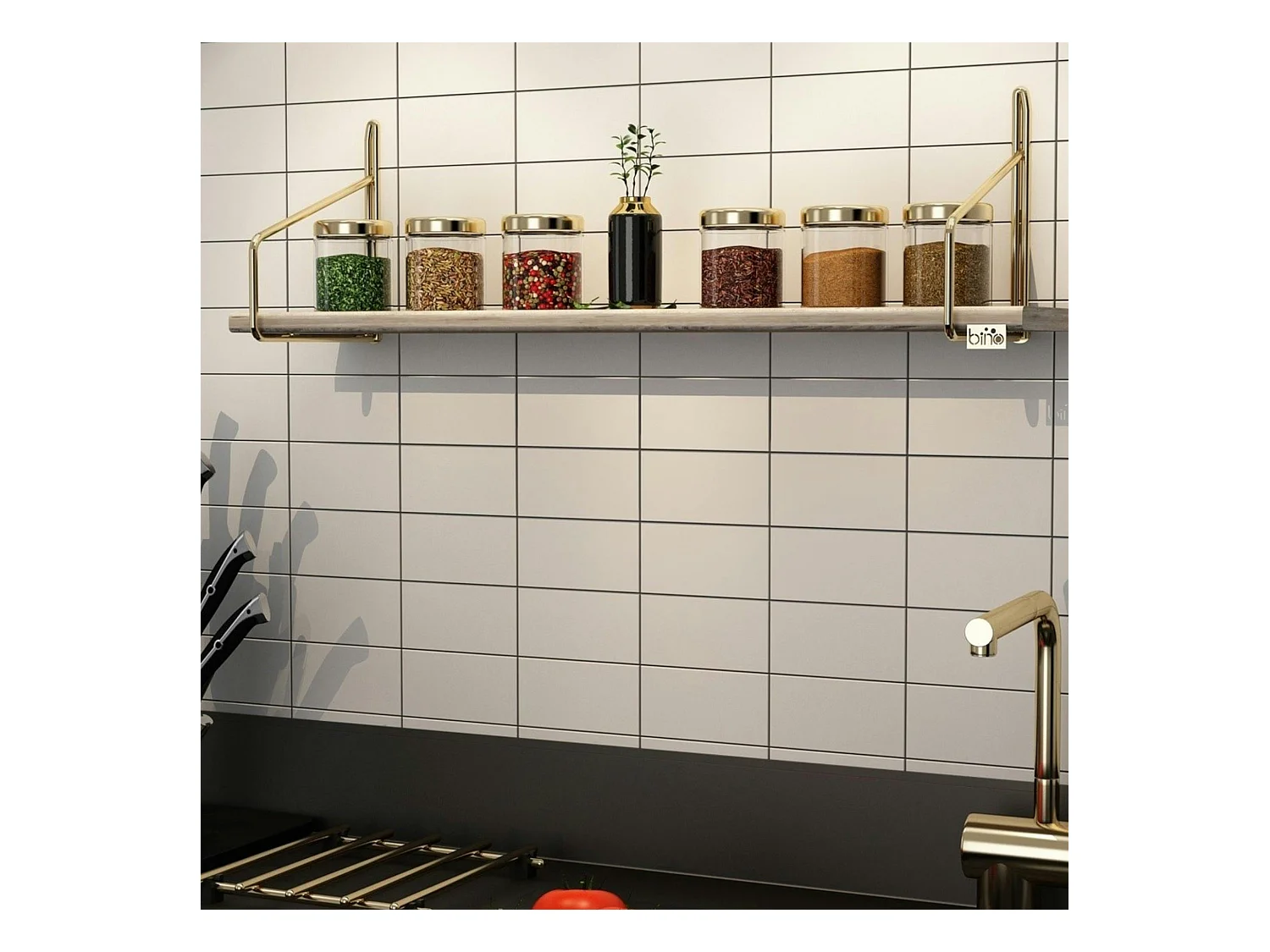 Étagère murale cuisine - bois clair, supports dorés AVIALA