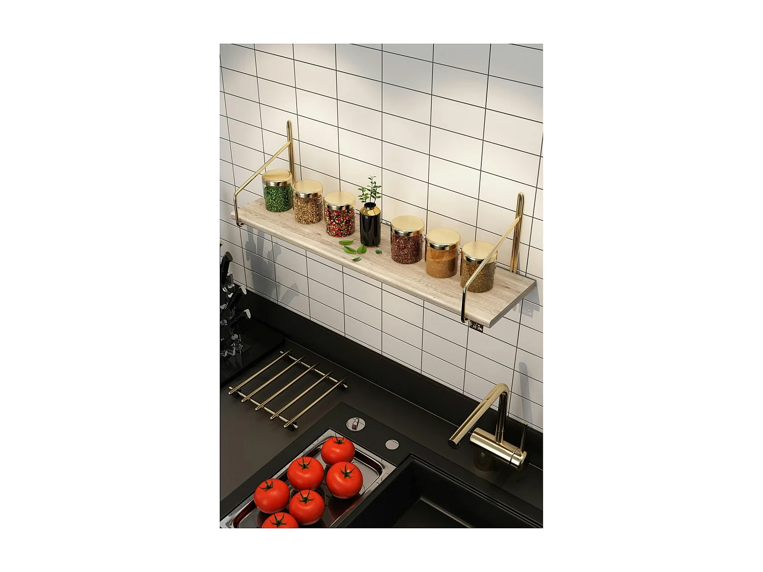 Étagère murale cuisine - bois clair, supports dorés AVIALA