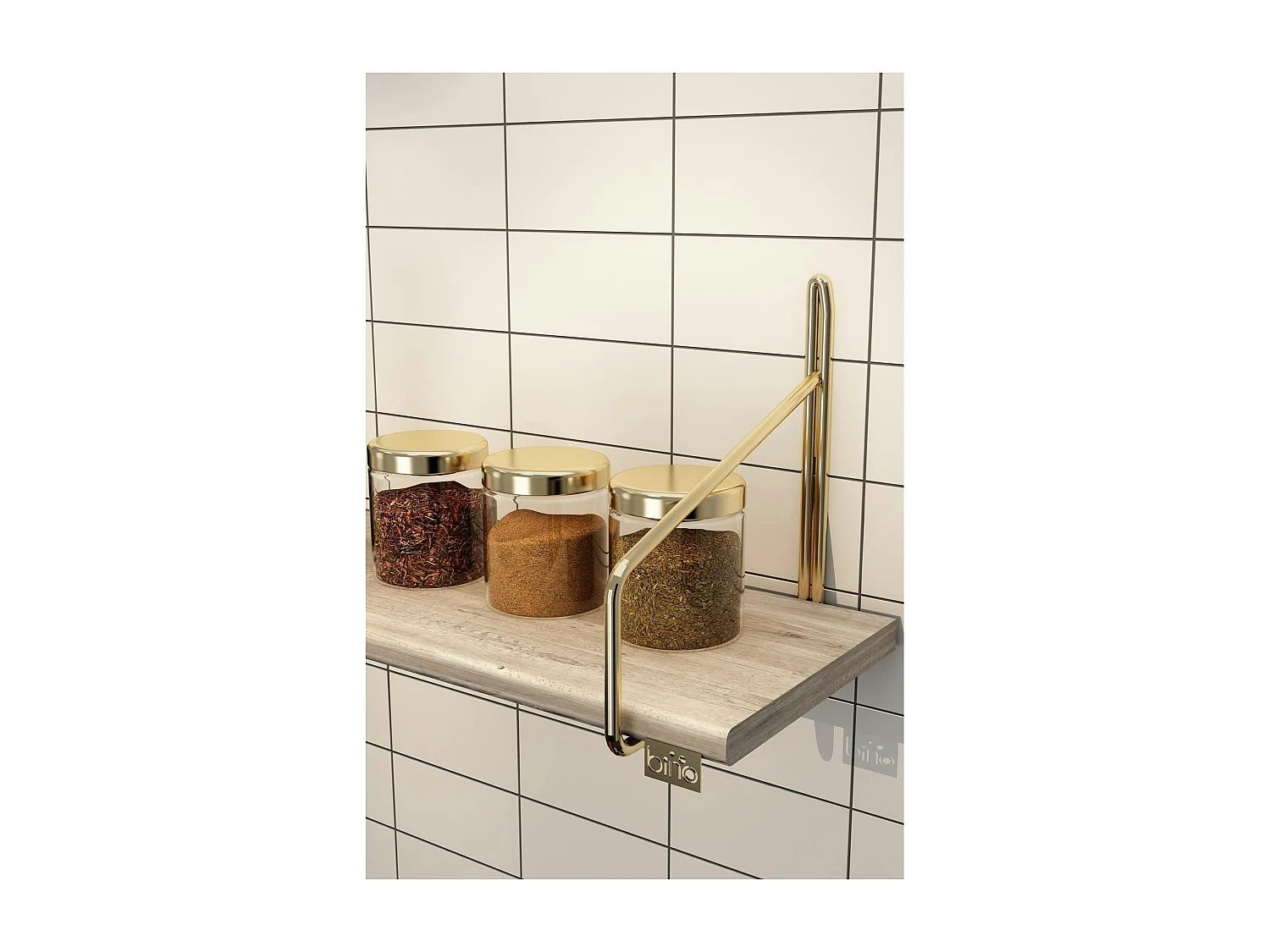 Étagère murale cuisine - bois clair, supports dorés AVIALA