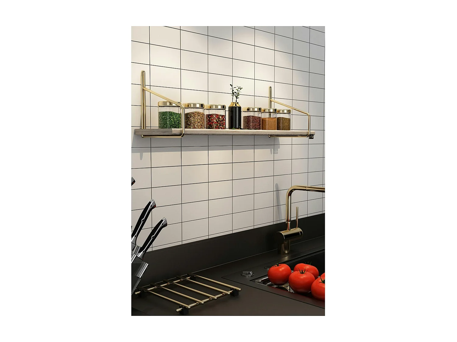 Étagère murale cuisine - bois clair, supports dorés AVIALA