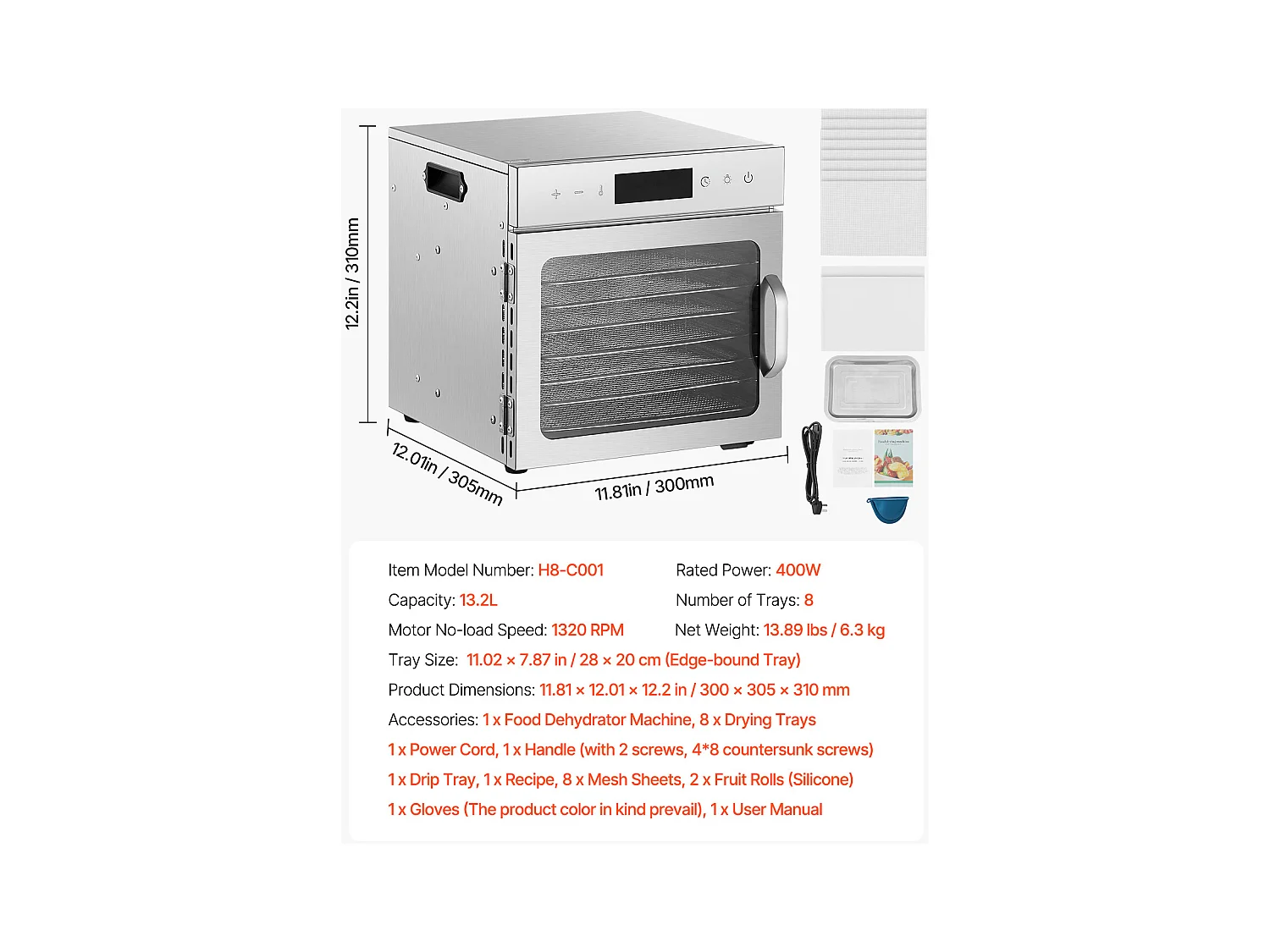 Déshydrateur à Aliments SucceBuy Déshydrateur Alimentaire 8 Plateaux en Acier Inoxydable, 400 W, pour le Séchage de Viande Séchée et de Fruits