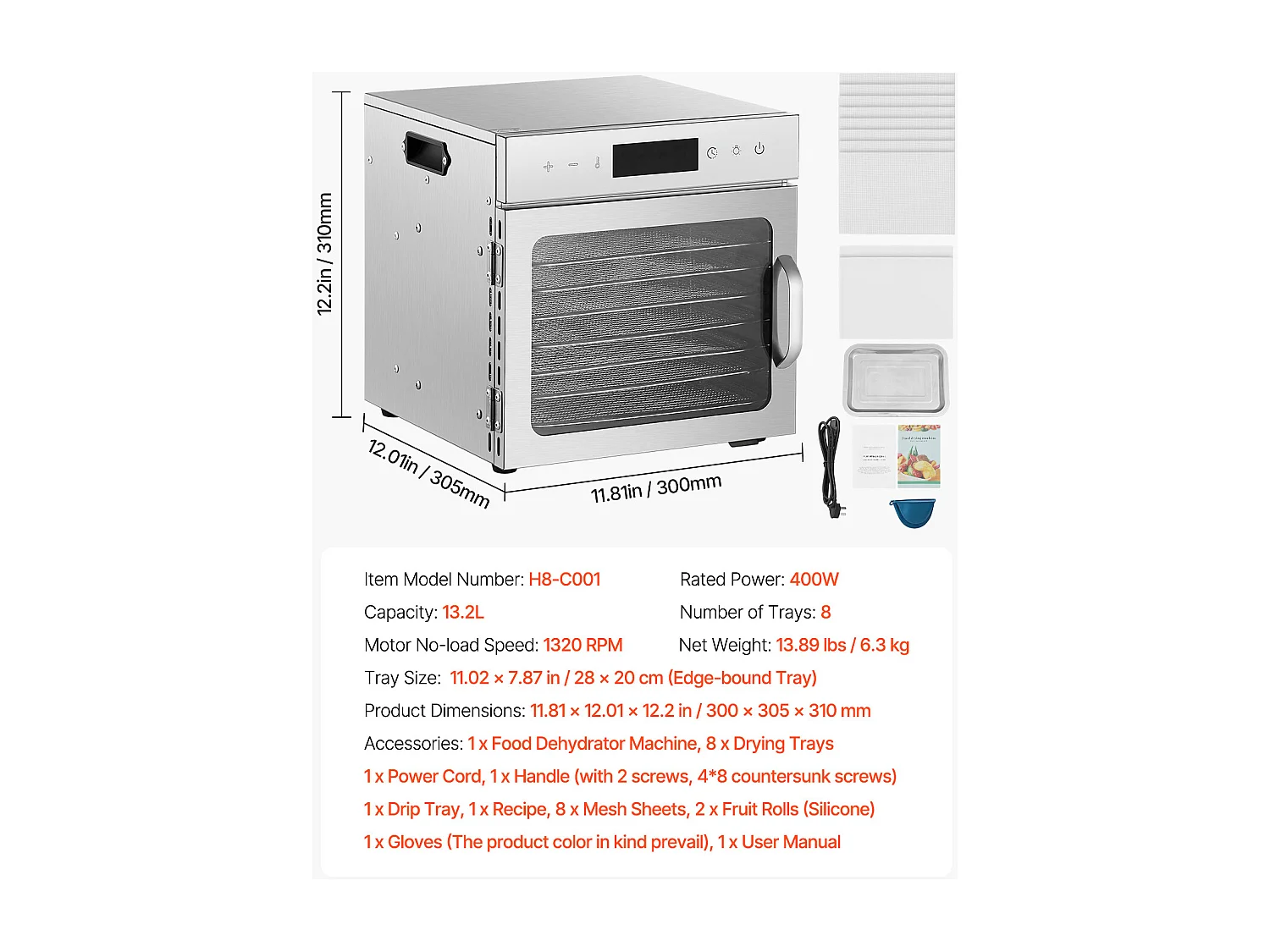 Déshydrateur à Aliments SucceBuy Déshydrateur Alimentaire 8 Plateaux en Acier Inoxydable, 400 W, pour le Séchage de Viande Séchée et de Fruits