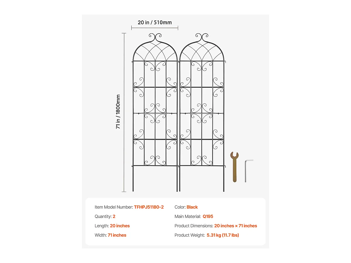 Treillis de Jardin SucceBuy en Métal,Lot de 2, 180 x 51 cm, Support pour Plantes Grimpantes, Antirouille