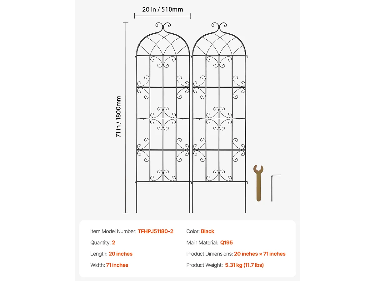 Treillis de Jardin SucceBuy en Métal,Lot de 2, 180 x 51 cm, Support pour Plantes Grimpantes, Antirouille
