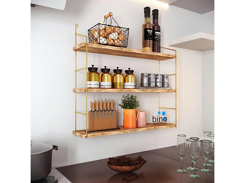 Étagère murale cuisine 3 niveaux - supports dorés AVIALA