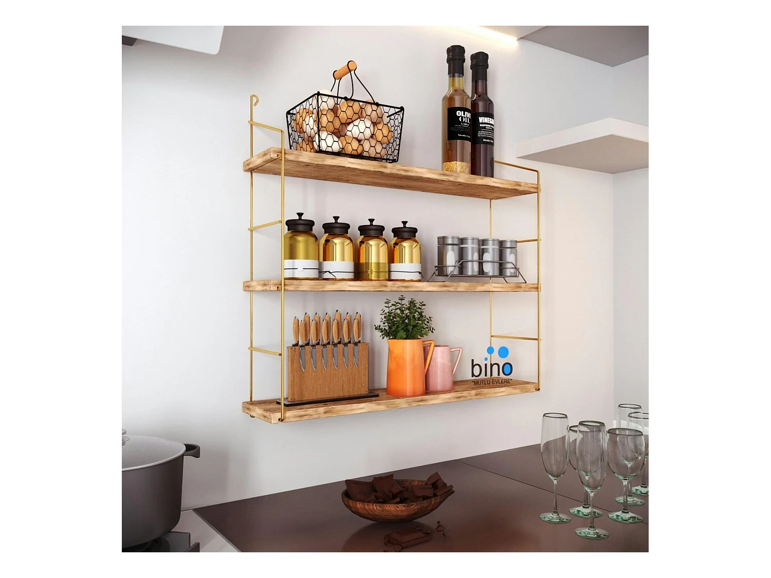 Étagère murale cuisine 3 niveaux - supports dorés AVIALA