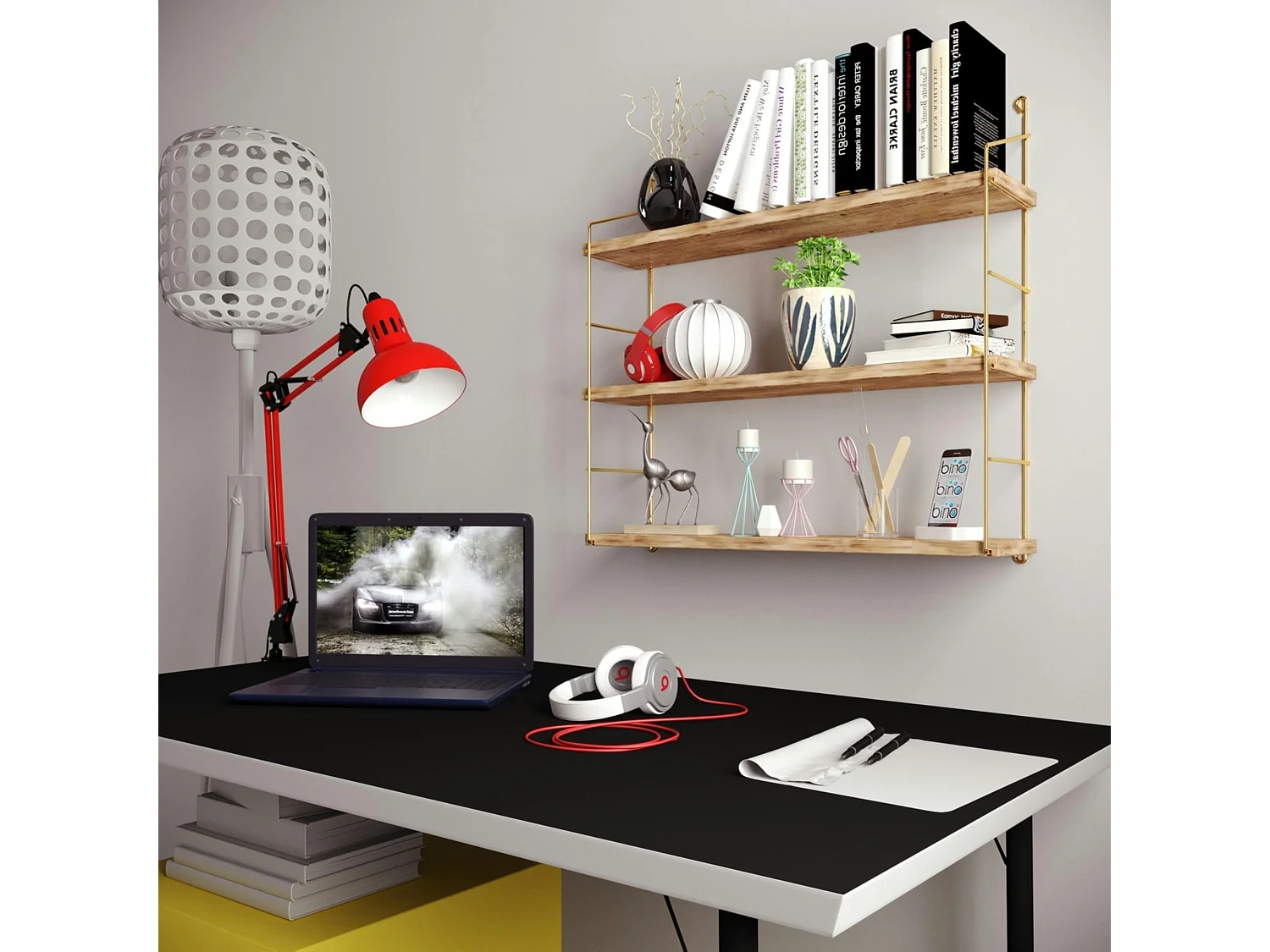 Étagère murale cuisine 3 niveaux - supports dorés AVIALA