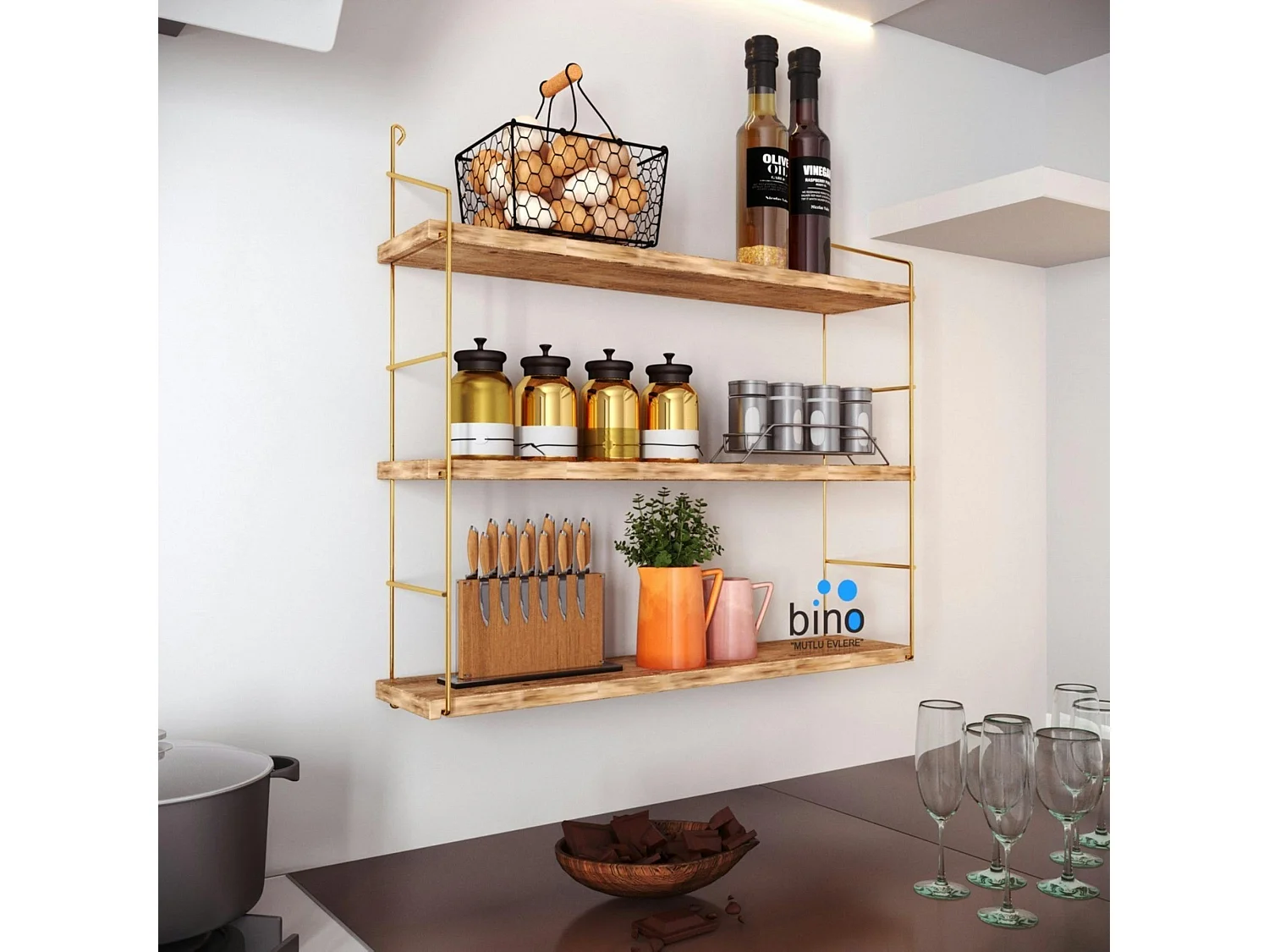 Étagère murale cuisine 3 niveaux - supports dorés AVIALA