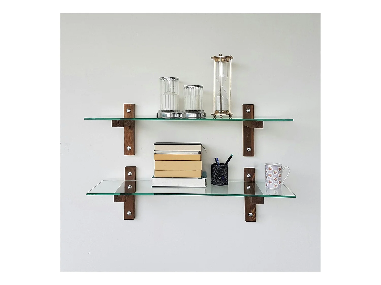 Étagère murale en verre - supports bois foncé (lot de 2) LHASA