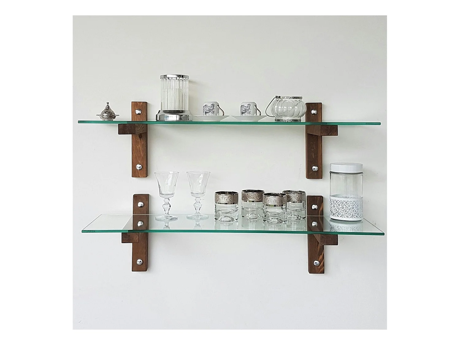 Étagère murale en verre - supports bois foncé (lot de 2) LHASA