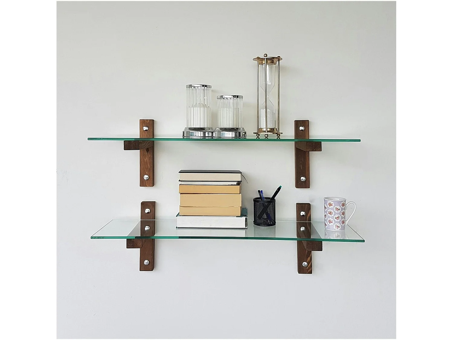 Étagère murale en verre - supports bois foncé (lot de 2) LHASA