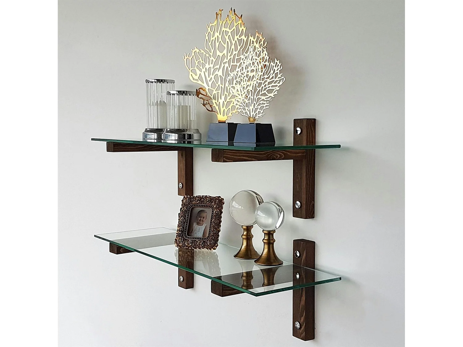 Étagère murale en verre - supports bois foncé (lot de 2) LHASA