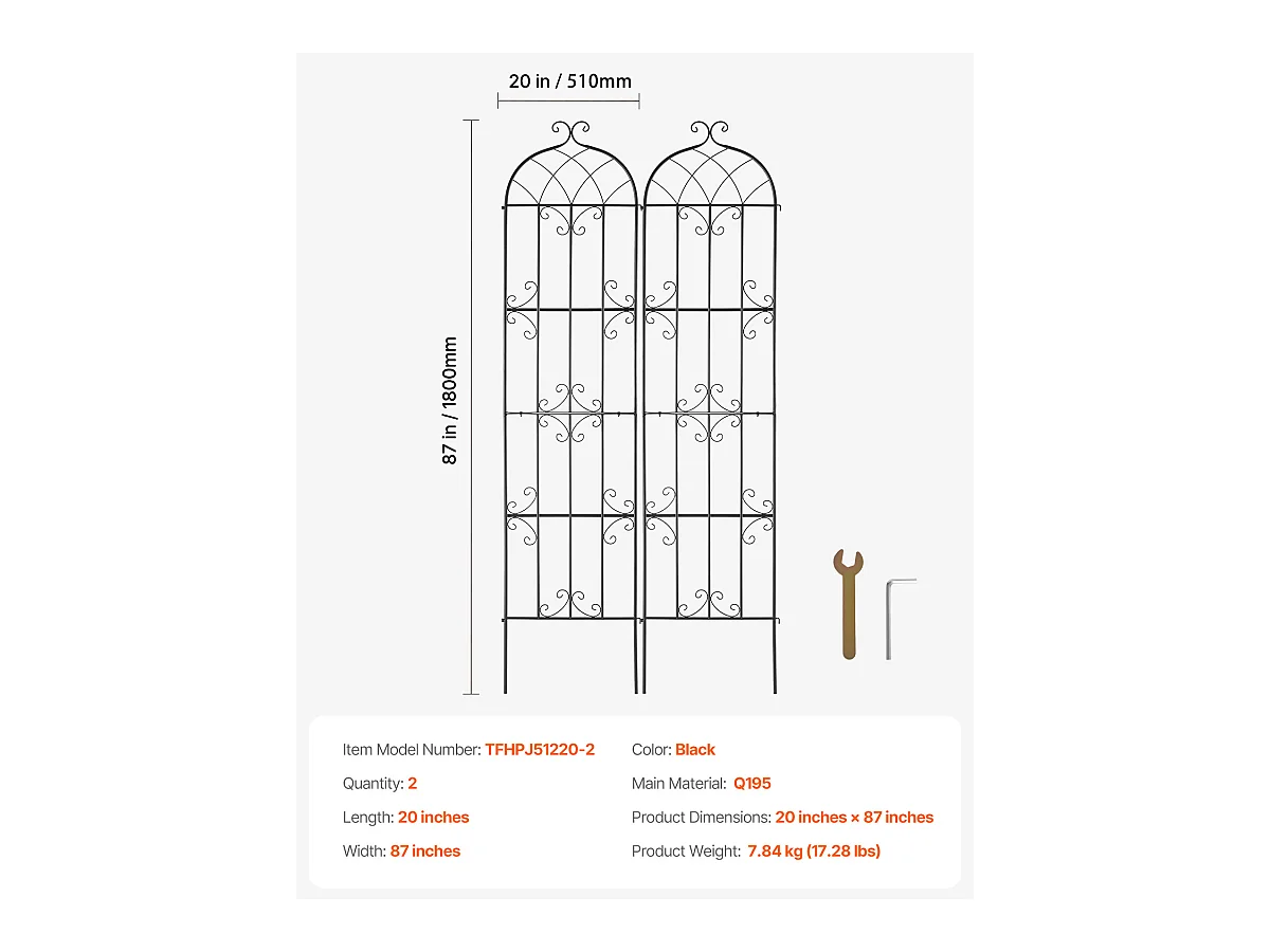 Treillis de Jardin SucceBuy en Métal,Lot de 2,  221 x 51 cm, Support pour Plantes Grimpantes, Antirouille