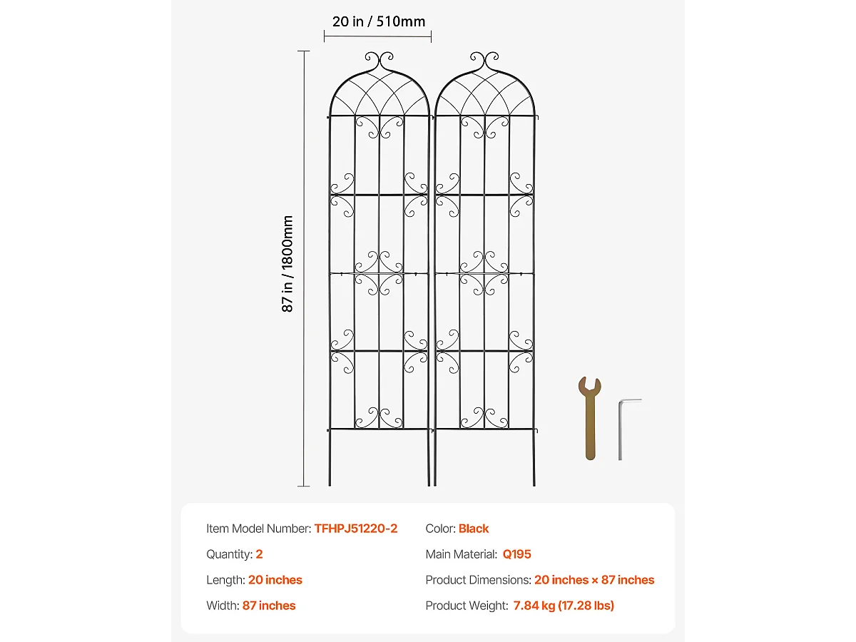 Treillis de Jardin SucceBuy en Métal,Lot de 2,  221 x 51 cm, Support pour Plantes Grimpantes, Antirouille