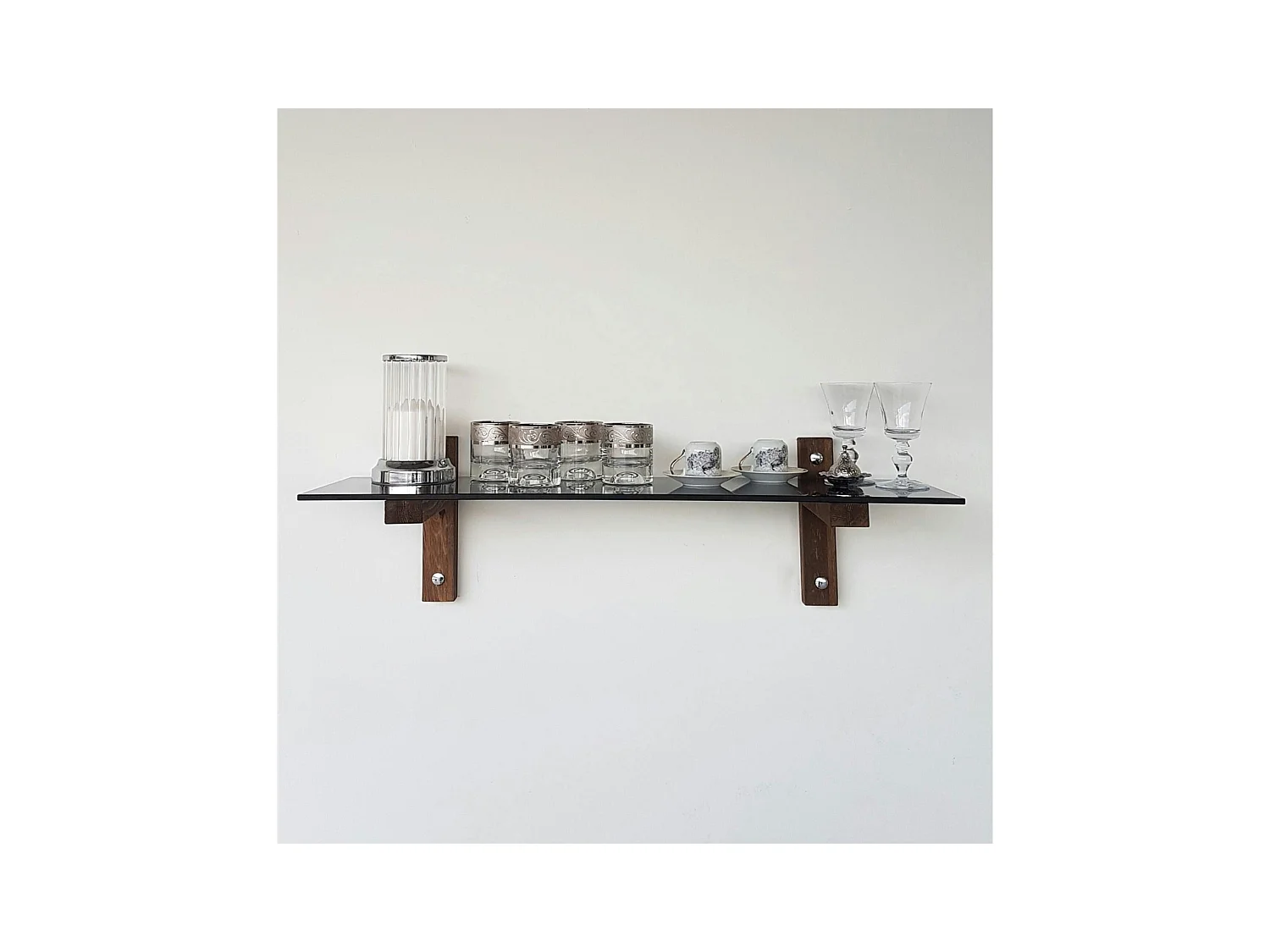 Étagère murale en verre fumé - supports bois foncé LHASA